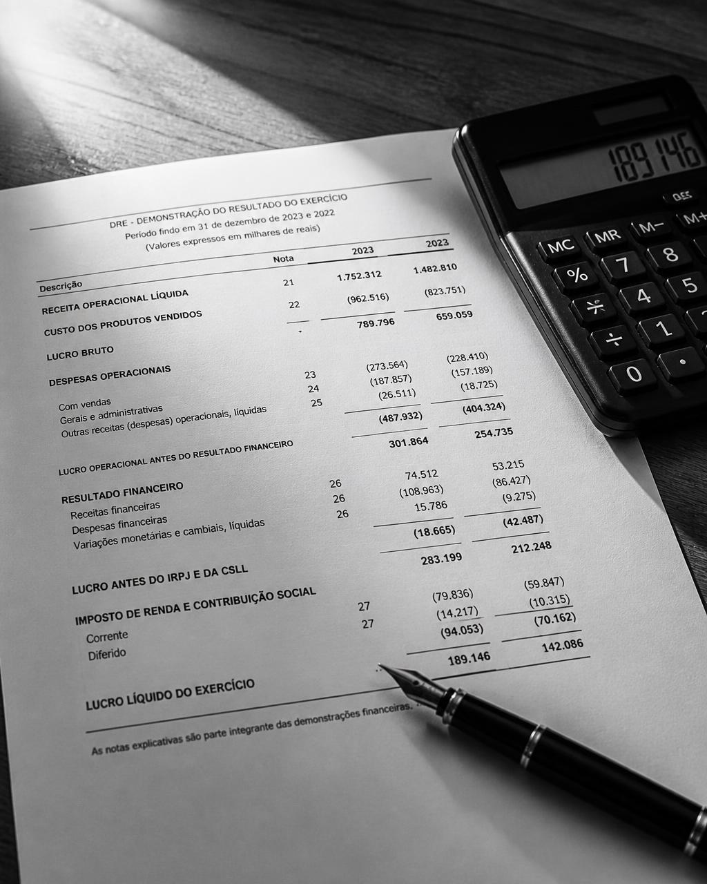 DRE impresso sobre a mesa com calculadora e caneta