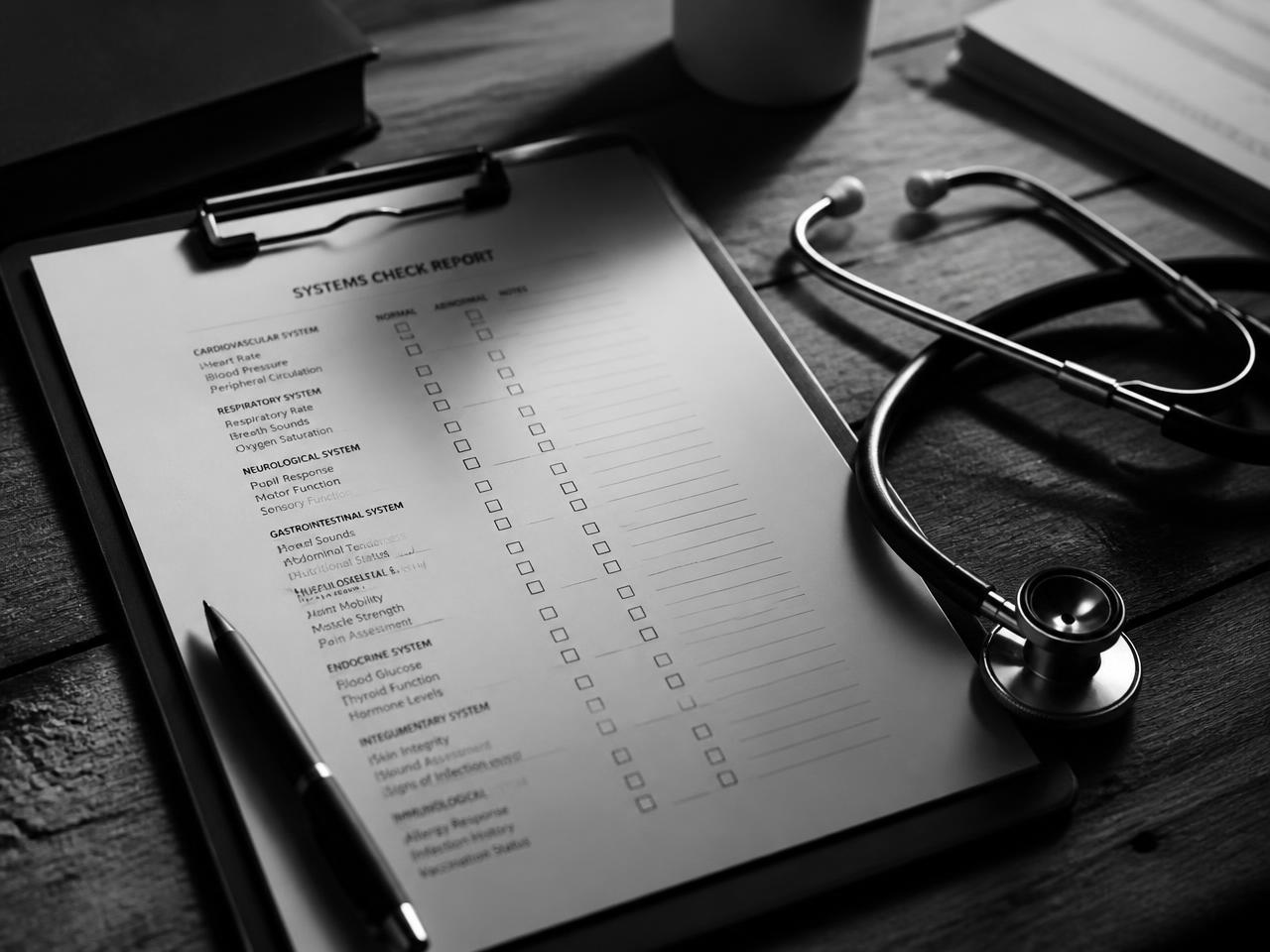 Prancheta com relatório de checklist impresso, caneta e estetoscópio sobre a mesa