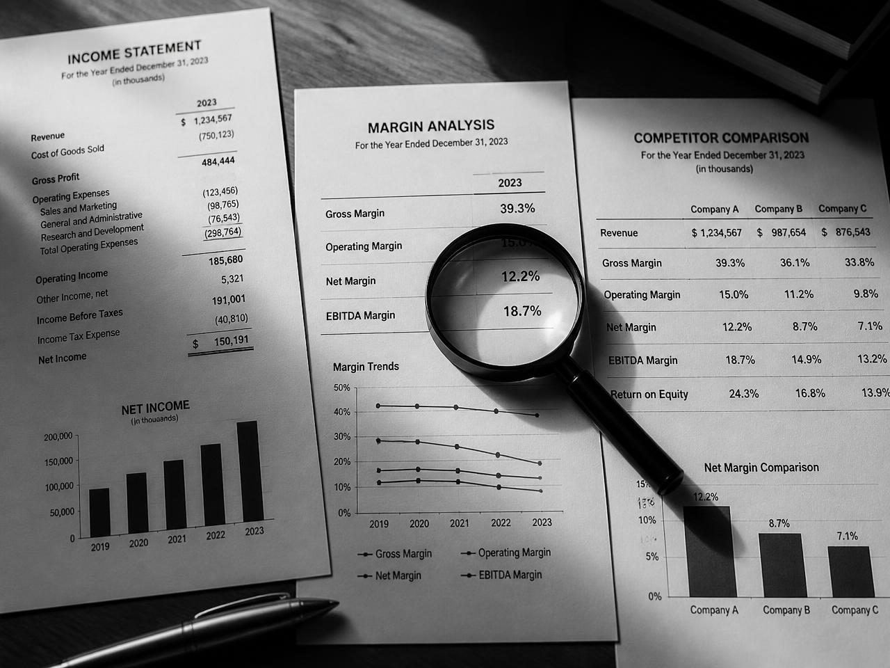 Demonstrações financeiras impressas lado a lado com lupa sobre a linha de margem