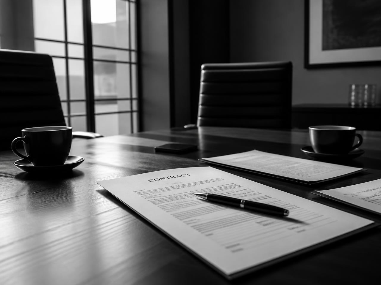 Mesa de negociação com contratos impressos, caneta e dois cafés